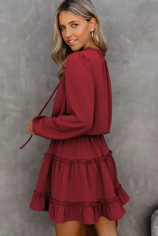 V neck long sleeve ruffle tiered mini dress - dresses