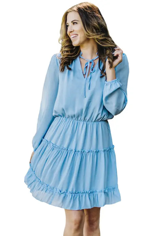 V neck long sleeve ruffle tiered mini dress - dresses