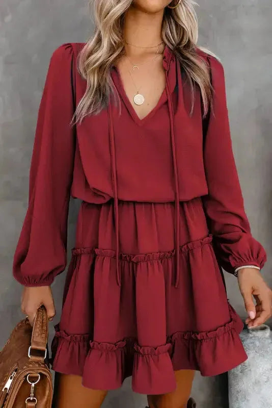 V Neck Long Sleeve Ruffle Tiered Mini Dress - Fashionfitz