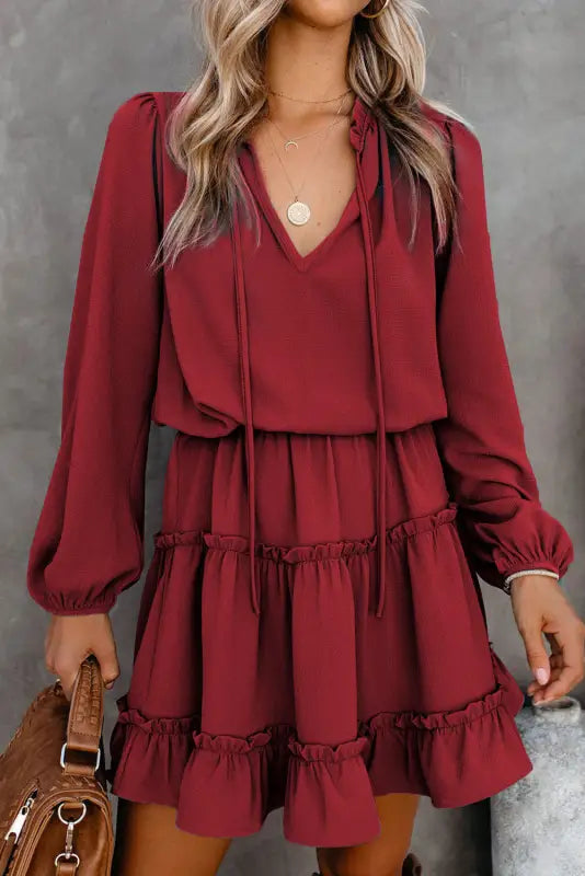 V neck long sleeve ruffle tiered mini dress - dresses