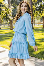 V Neck Long Sleeve Ruffle Tiered Mini Dress - Fashionfitz