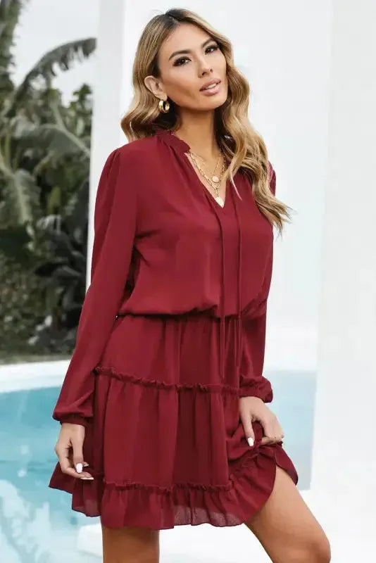 V Neck Long Sleeve Ruffle Tiered Mini Dress - Fashionfitz