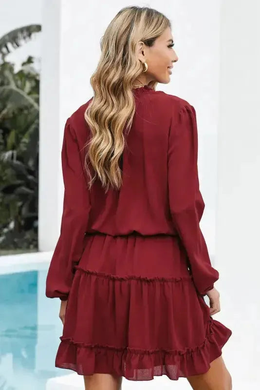 V Neck Long Sleeve Ruffle Tiered Mini Dress - Fashionfitz