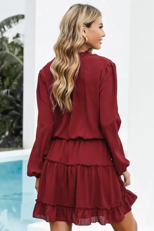 V neck long sleeve ruffle tiered mini dress - dresses