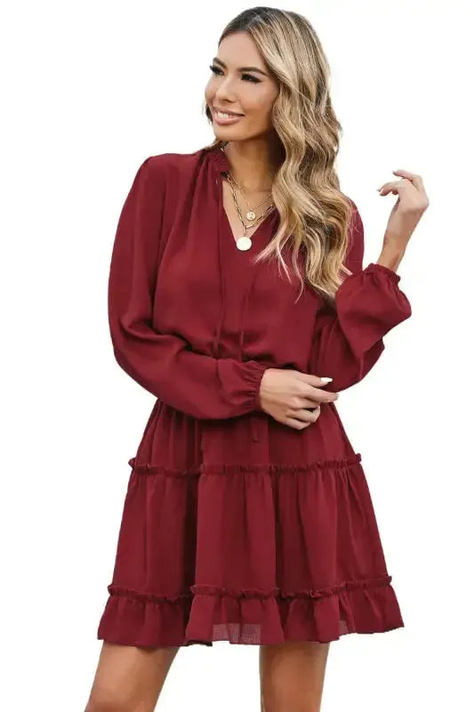 V Neck Long Sleeve Ruffle Tiered Mini Dress - Fashionfitz