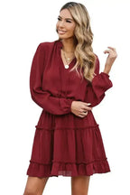 V Neck Long Sleeve Ruffle Tiered Mini Dress - Fashionfitz