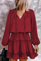V Neck Long Sleeve Ruffle Tiered Mini Dress - Fashionfitz