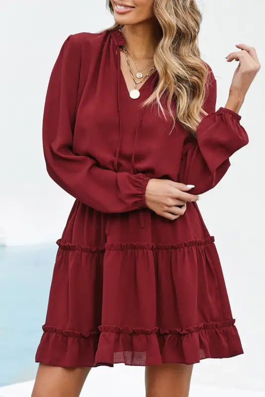 V neck long sleeve ruffle tiered mini dress - red / s / 100% polyester - dresses