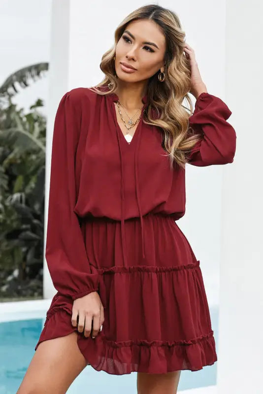 V neck long sleeve ruffle tiered mini dress - dresses