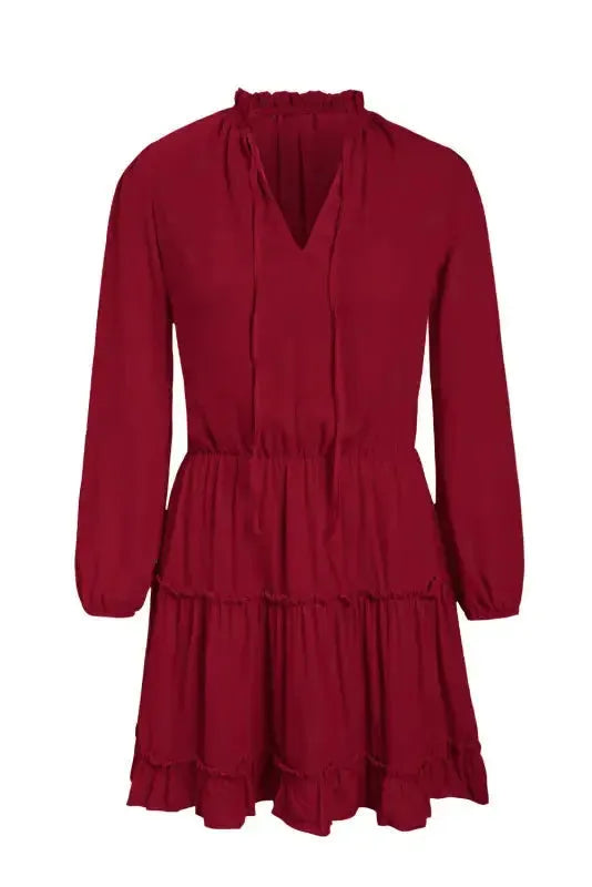 V Neck Long Sleeve Ruffle Tiered Mini Dress - Fashionfitz
