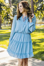 V Neck Long Sleeve Ruffle Tiered Mini Dress - Fashionfitz