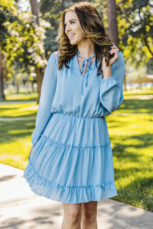 V neck long sleeve ruffle tiered mini dress - dresses