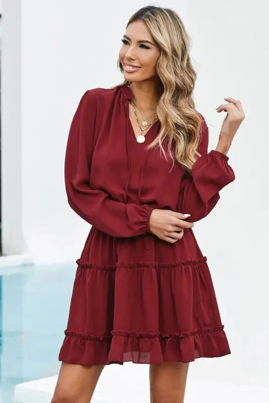 V neck long sleeve ruffle tiered mini dress - dresses