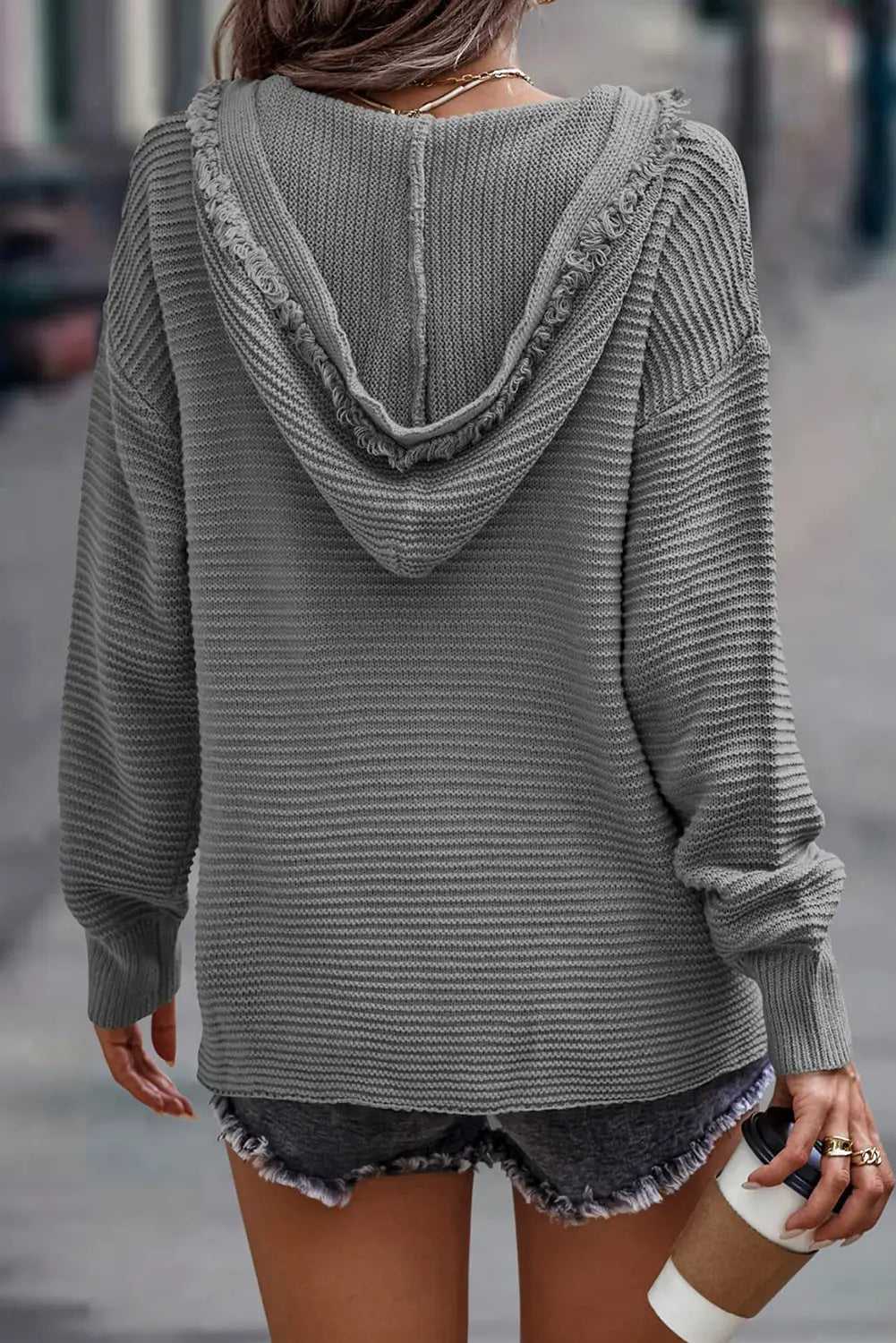 V neck ribbed drop shoulder hooded sweater - sweaters & cardigans