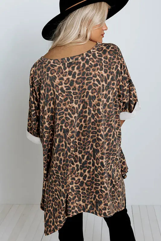 V notch rolled cuffs loose leopard top - tops