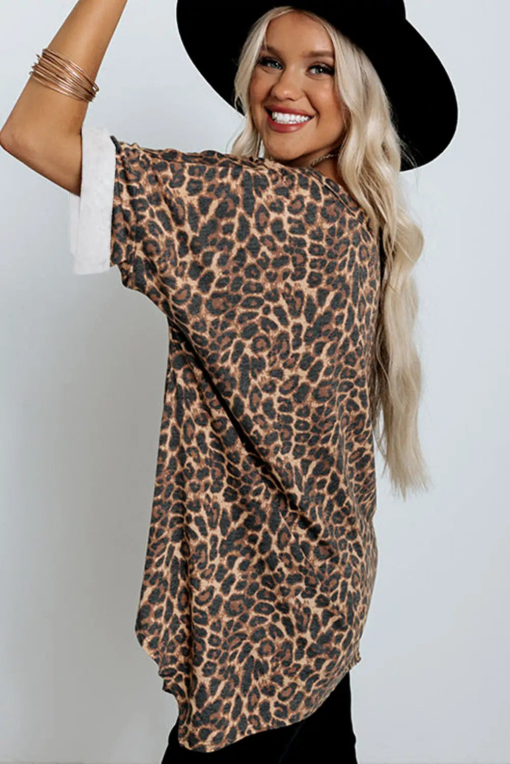 V notch rolled cuffs loose leopard top - tops
