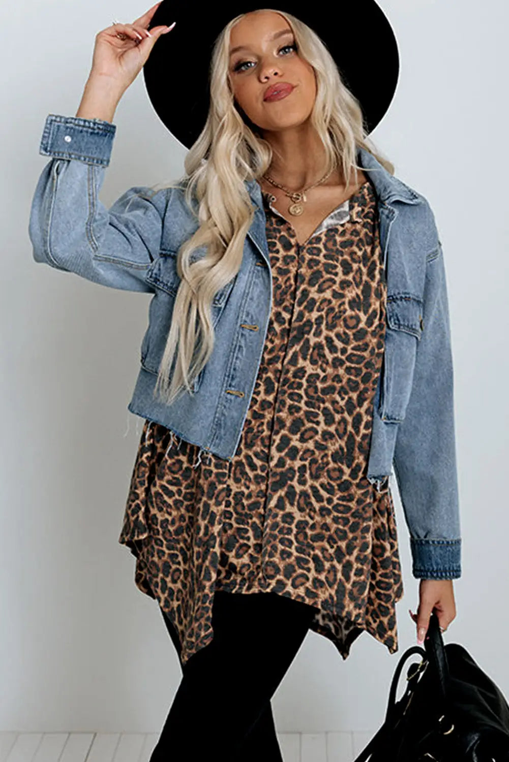 V notch rolled cuffs loose leopard top - tops