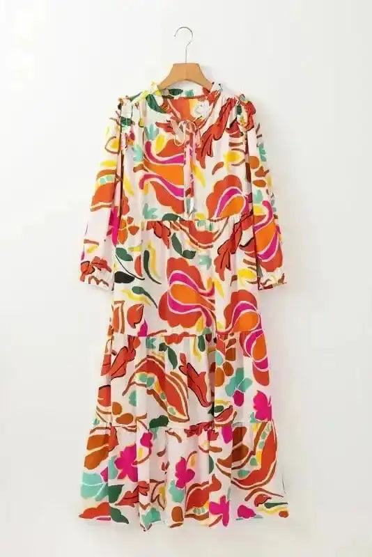 Orange floral tiered lace-up holiday style maxi dress front view — Fashionfitz UK
