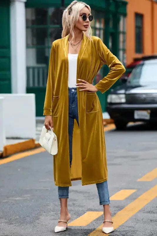 Velvet open front pocketed long duster cardigan front view — Fashionfitz UK
