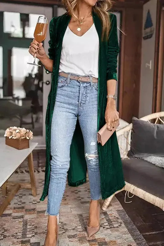 Velvet Long Duster Cardigan - Fashionfitz