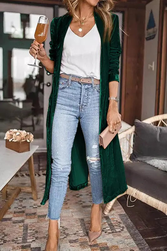 Velvet long duster cardigan - green / s / 95% polyester + 5% elastane - cardigans