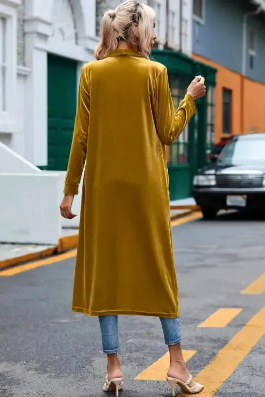 Velvet duster cardigan back view showing longline silhouette — Fashionfitz UK