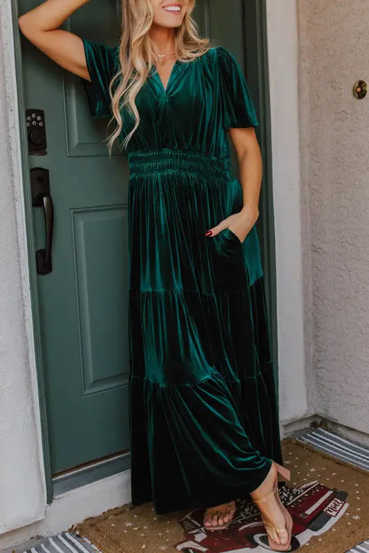 Velvet rhapsody tiered maxi dress - evergreen | fashionfitz