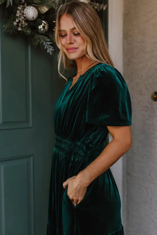 Velvet rhapsody tiered maxi dress - evergreen | fashionfitz