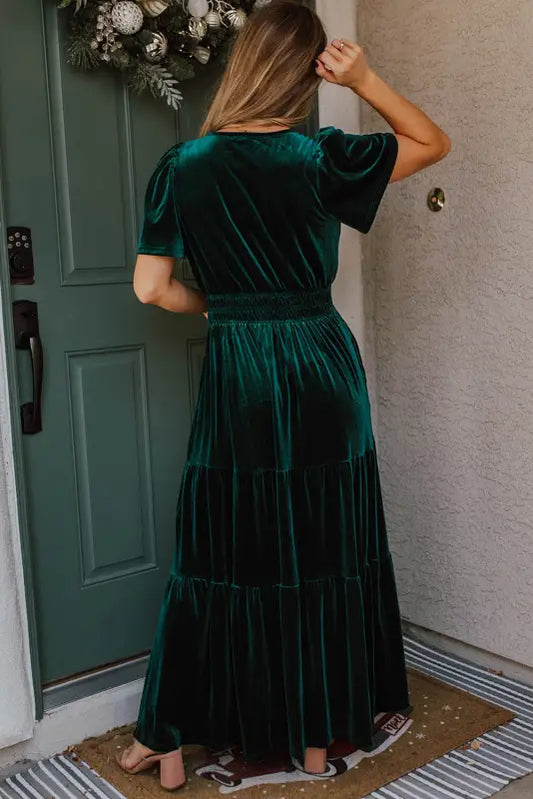 Velvet rhapsody tiered maxi dress - evergreen | fashionfitz