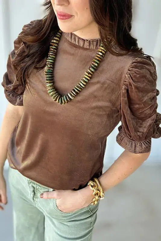 Velvet top - camel ruffled arm - s / 90% polyester + 10% elastane - tops/tops & tees