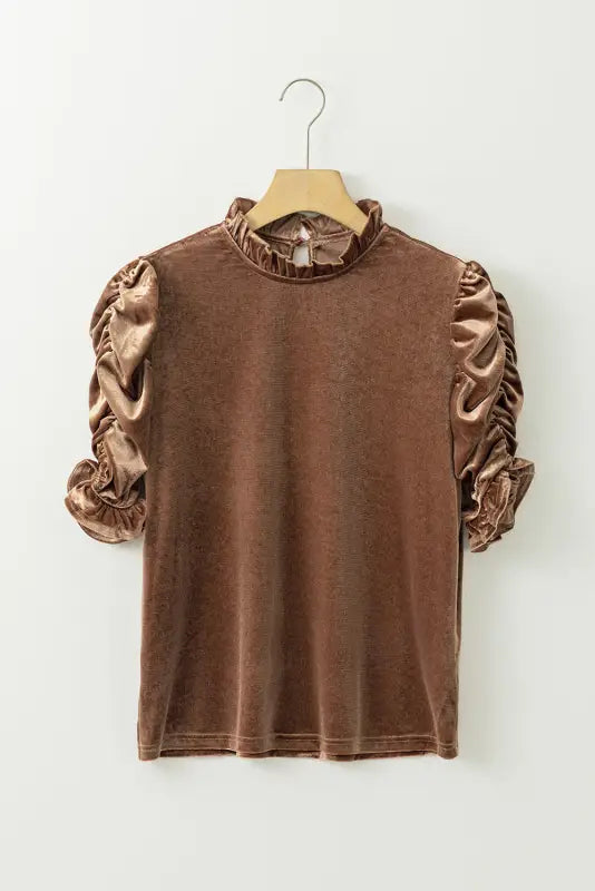 Velvet top - camel ruffled arm - tops/tops & tees