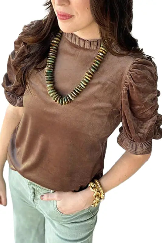 Velvet top - camel ruffled arm - tops/tops & tees