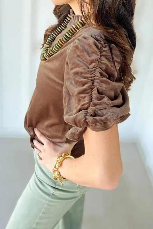 Velvet top - camel ruffled arm - tops/tops & tees