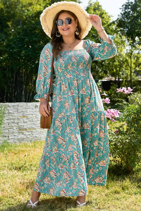 Verdant blossom smocked maxi dress