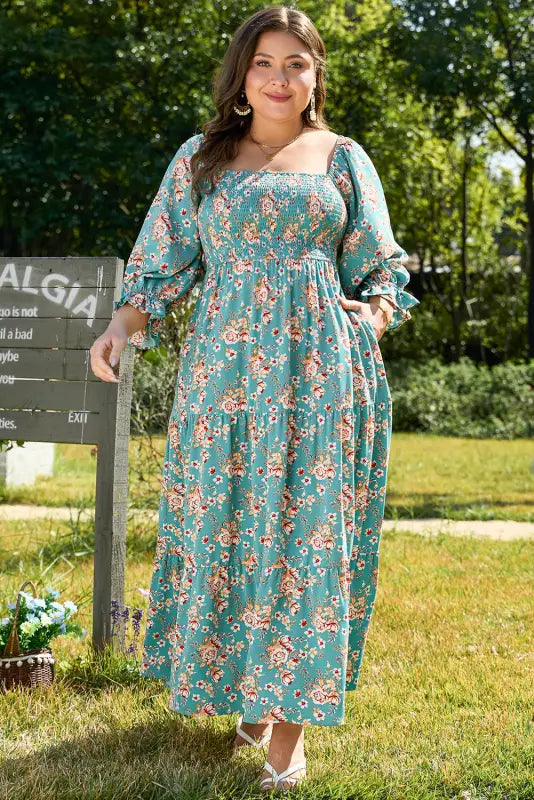 Verdant blossom smocked maxi dress