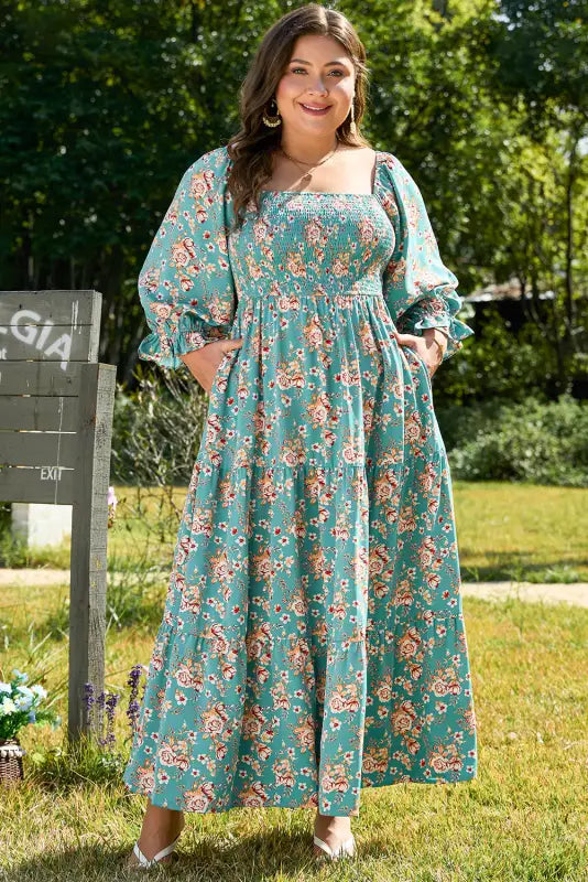 Verdant blossom smocked maxi dress