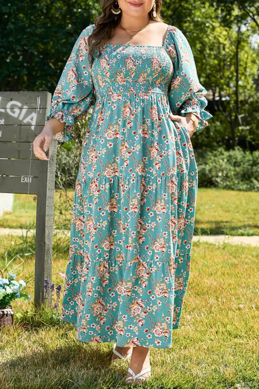 Verdant blossom smocked maxi dress