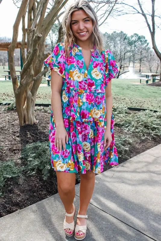 Verde flora dress - colorful floral print, short sleeves, flared skirt, relax relax