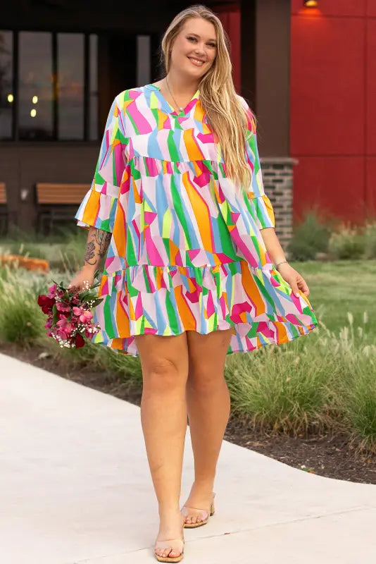 Vibrant abstract ruffle plus size mini dress sizes