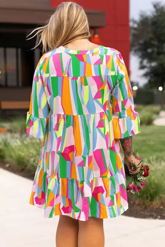 Vibrant abstract ruffle plus size mini dress sizes