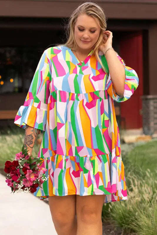 Vibrant abstract ruffle plus size mini dress sizes