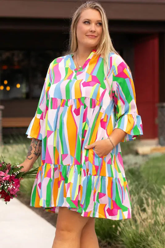 Vibrant abstract ruffle plus size mini dress sizes