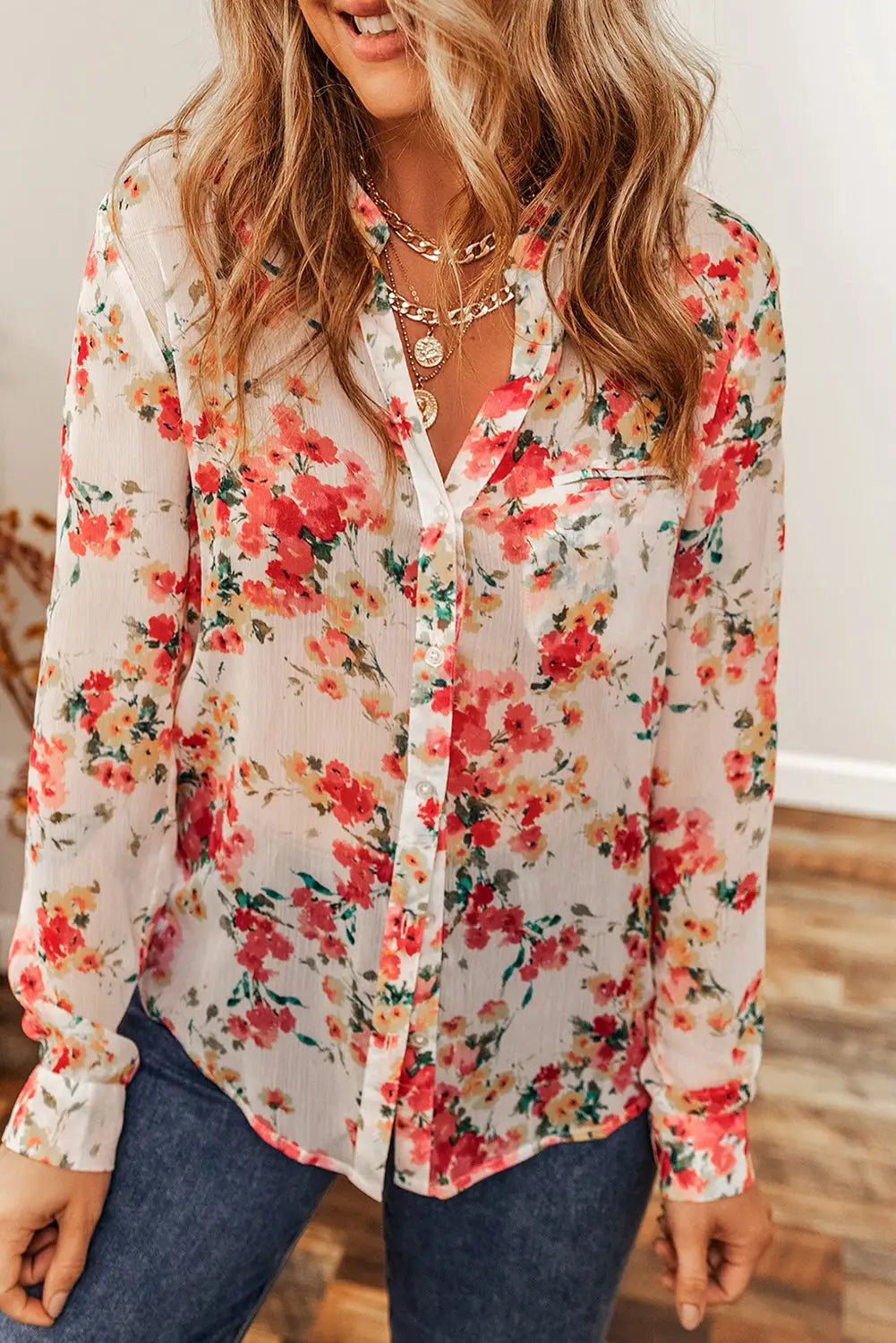 Vibrant floral print chest pocket shirt - blouses & shirts