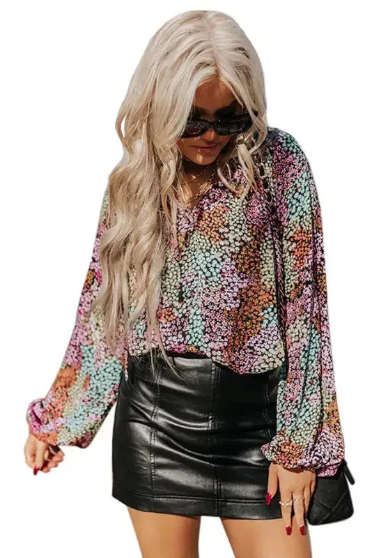Vibrant Floral Puff Sleeve Blouse - Fashionfitz