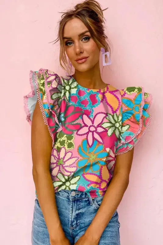 Vibrant Floral Ruffle Sleeve Blouse - Fashionfitz