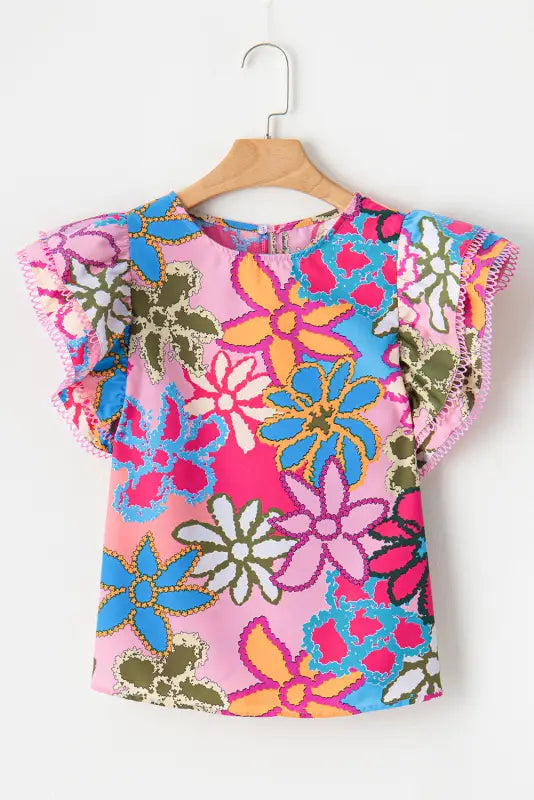 Vibrant floral ruffle sleeve blouse - blouses