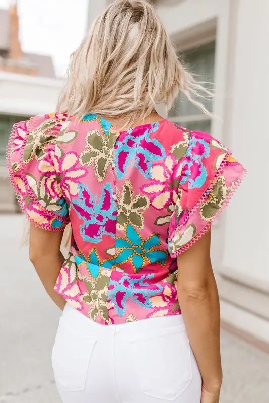 Vibrant floral ruffle sleeve blouse - blouses