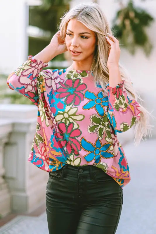 Vibrant floral ruffle sleeve blouse - blouses