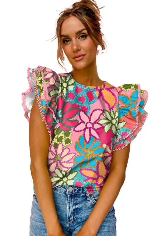 Vibrant floral ruffle sleeve blouse - blouses