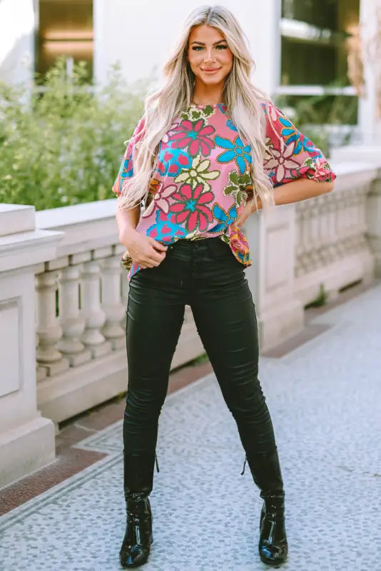 Vibrant floral ruffle sleeve blouse - blouses